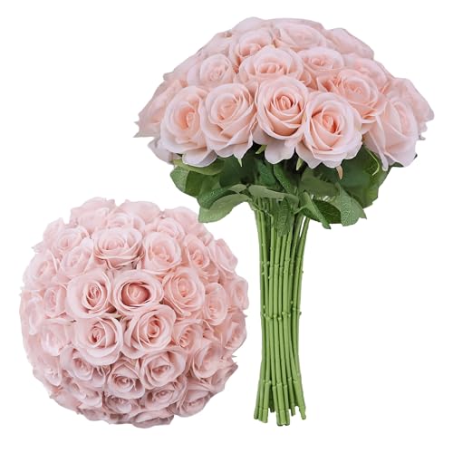 LVEFIT 30 Pcs Blush Roses Artificial Flowers Realistic Fake Roses Realistic