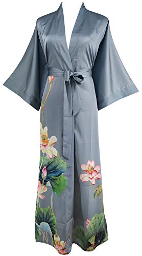 Ledamon Women's Kimono Long Robe - Classic Floral Bathrobe Nightgown (Blue Gray)