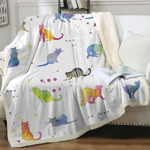 Sleepwish Watercolor Cat Fleece Throw Blanket for Girls Kids Soft Cute Pet Pattern Sherpa Blanket for Bed Couch Warm Cat Lover, Twin(60"X80") Cover