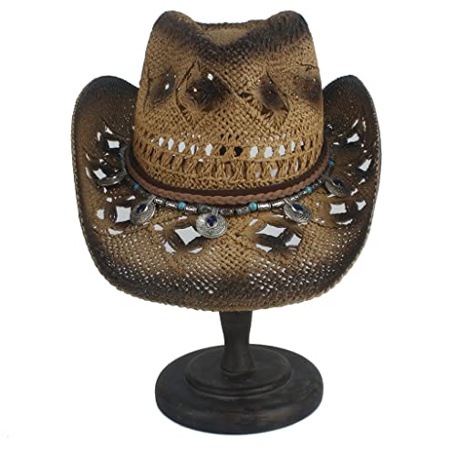 Wyfdp Boho Fringed Straw Cutout Western Cowboy Hat Ladies Sombrero Beach Cowgirl Jazz Sun Hat (Color : B, Size : 56-58Cm) #TOP4