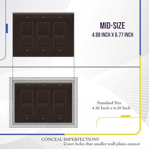 ENERLITES Triple Decorator Switch Cover, Three Gang Outlet Wall Plate, Gloss Finish, Mid-Size 3-Gang 4.88" x 6.77", Unbreakable Polycarbonate Thermoplastic, UL Listed, 8833M-BR, Brown by ENERLITES - Image 2