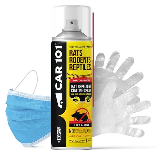 CAR101 Rat Repellent Spray 250ML |With Free Mask & Glove|For Cars/Bikes/Home/Office|Rat Protection For Engine Parts and Wires & Interiors|No Kill, Only Repels Rodent Repellent For Cars - Long-Lasting Effect