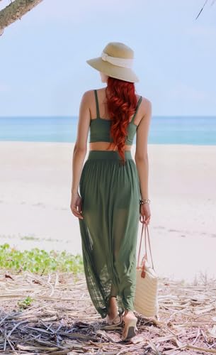 Image of Women Sexy 2 Piece Outfits Dress Chiffon Strap Deep V Neck Bra Crop Top High Split Maxi Dresses Skirt Set