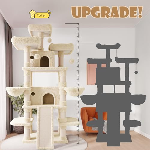 Image of SHA CERLIN 81 Inches Extra Large Cat Tree for Indoor Adult Cats /XXL Big Cat Tower with Condo /Cozy Perches /Sisal Scratching Posts and Hammocks /Activity Center /F80 /Heavy Duty /Beige