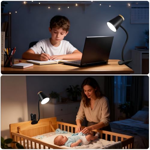 Image of EJIAXIN Clip on Desk Lamp for Home Office - Small LED Touch Dimmable Reading Light for College Dorm Room - Adjustable Flexible Gooseneck Clamp Light Table Lamp for Bedside Bedroom Bed Headboard Black