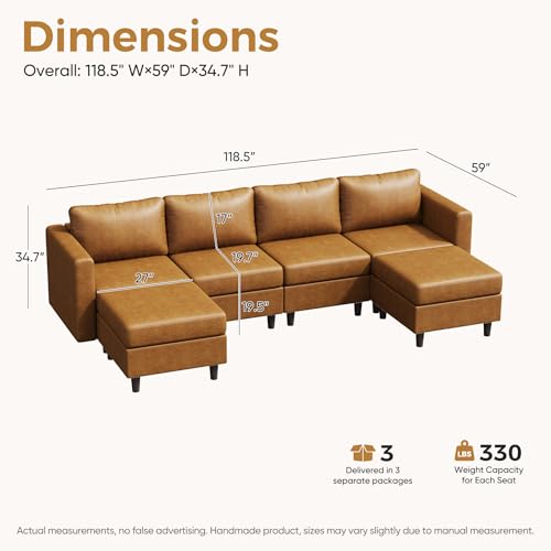 Image of ABCASA Faux Leather Sectional Couch, 118.5 inch 6 Seater U Shaped Modular Leather Sofa with Movable Ottoman and Storage Seat with Reversible Chaise Deep Seat for Living Room Brown