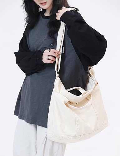 Image of Cotton Tote Handbag Women Canvas Crossbody Beach Bag Hobo Shoulder Tote Bag with 3 External Pocket,Zipper Closure