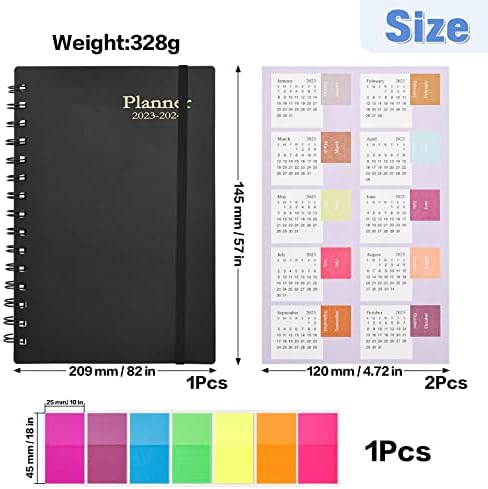 2023-2024 18-Month Academic Weekly Planner Life Planner A5 with Monthly Tabs 15×21cm Elastic Closure Inner Pocket Twin-Wire Binding Week to View for January 2023 to August 2024 Black