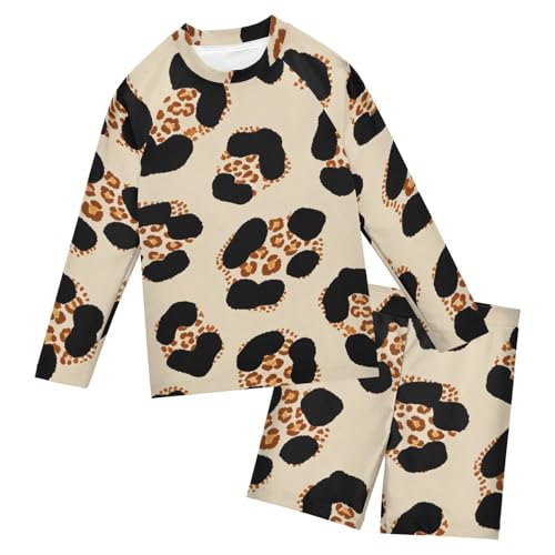 Bañador de manga larga para niños con estampado de leopardo marrón ropa de baño playa y piscina
