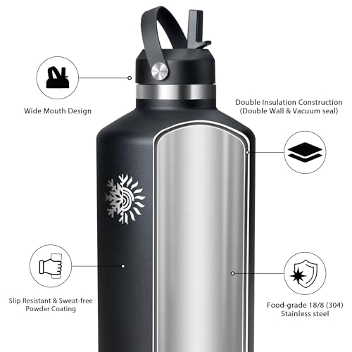 Image of 64oz Insulated Water Bottle, Triple Wall Vacuum Stainless Steel Bottle, 48H Cold & 24H Hot, Leak-Proof BPA-F Jug with Straw & Spout Lids for Sports & Outdoor