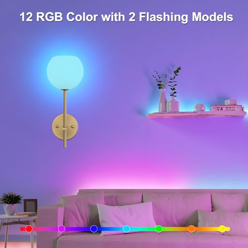 Image of Gold Battery Operated Wall Sconces Set of 2, Rechargeable Wireless Wall Lights with Milky White Frosted Glass Shade, 12 RGB and 3CCT Dimmable, Wall Lamps with Remote for Bedroom Living Room Hallway