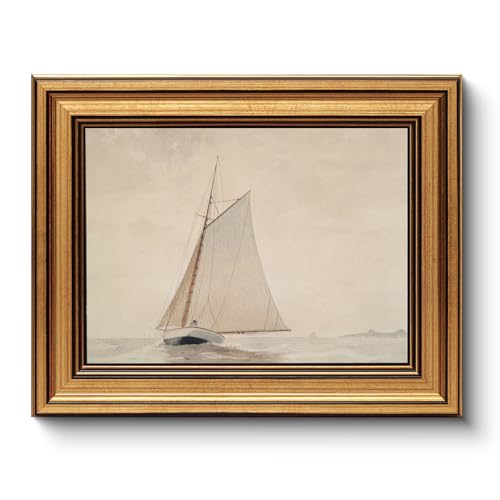 Image of Gold Framed Vintage Wall Art for Living Room, Seaview Painting Prints Shelf Decor for Kitchen, Aesthetic Bedroom Wall Art, Christmas Gifts for Friends or Family (White Sailboat - 8 inchx10 inch)