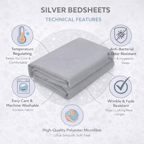 Image of Single Size Bed Sheet - 600 Thread Count Single Flat Sheet Only - Long Staple Egyptian Cotton Top Sheet Wrinkle & Fade Resistant - Silver