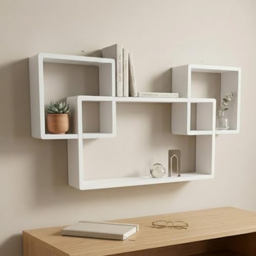 Image of Modern Geometric Floating Wall Shelf - Wall Mounted Decorative Display Shelves for Living Room, Bedroom & Office | Wooden Wall Shelf for Home Decor, Books, Plants & Showpieces Full White