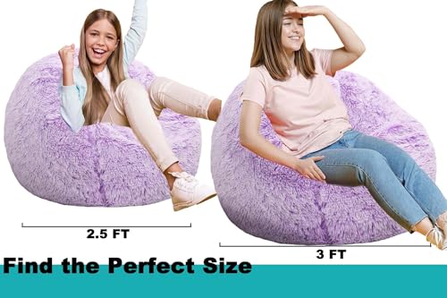 Image of Fluffy Bean Bag Chair, 3FT Round Memory Foam Filled Bean Bag for Teens & Kids, Ultra Soft Faux Fur Fabric Bean Bag Chairs for Playroom, Living Room, Bedroom, Lavender