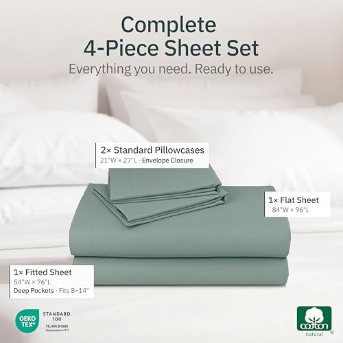 Image of Super Soft 100% Cotton Full Size Sheets, 4 Pc Set, Sage Green | Lightweight & Breathable For Hot Sleepers, 14 inch Deep Pocket, All-Around Elastic, Durable, Easy Care, OekoTex Certified