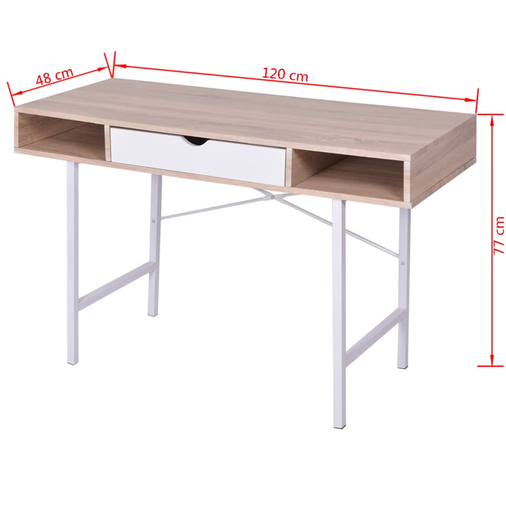 Schreibtisch mit 1 Schublade und Fächern, MDF-Tischplatte in Eiche und Weiß, stabile Metallbeine, geräumige Arbeitsfläche für Computer und Laptop, ideal für Home-Office und Büro