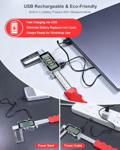 Image of Digital Disc Brake Rotor Micrometer, 0-50mm /0-6 Rechargeable Brake Thickness Gauge, Digital Caliper MM /Inch /F Display, IP54 Waterproof, Stainless Steel for Auto & DIY