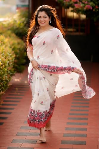Image of Blush Bloom Linen Cotton Saree with Floral Border | Cotton Printed Saree with Unstitched Blouse Piece Saree for Women