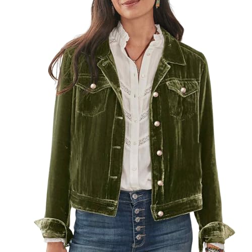 Akivide Women's Solid Long Sleeve Velvet Jacket Casual Button Down Short Coat with Pockets Outerwear