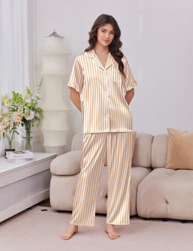 Image of Ekouaer Silk Satin Pajamas for Women Set 2 Piece Short Sleeve Button Up Pjs