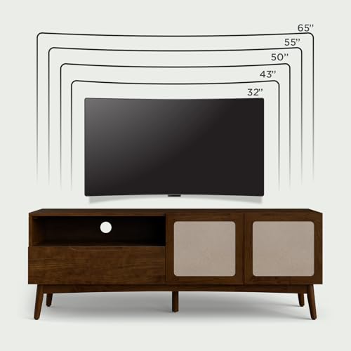 Image of Calista TV Stand 1 Drawer 2 Door - Chestnut Finish Media Console with Open Shelf & Fabric Panel Doors, Mid-Century Modern Style with Tapered Legs, Easy Assembly