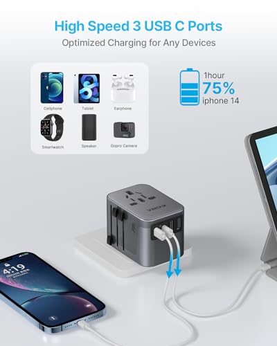 Image of Universal Travel Adapter, VINTAR International Power Adapter with 6A 3 USB C and 2 USB Ports, All in One Travel Essentials Plug Adapter, Worldwide Outlet Converter for Europe UK USA AUS(Type C /G /A /I)