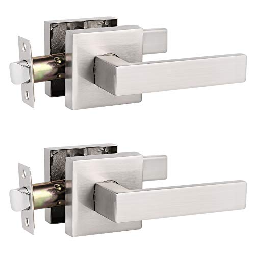 2 Pack Probrico Square Door Lever Door Lock Handle Lockset Keyless Doorknobs Passage Knobs Lockset Interior Hallway Passage Closet in Satin Nickel
