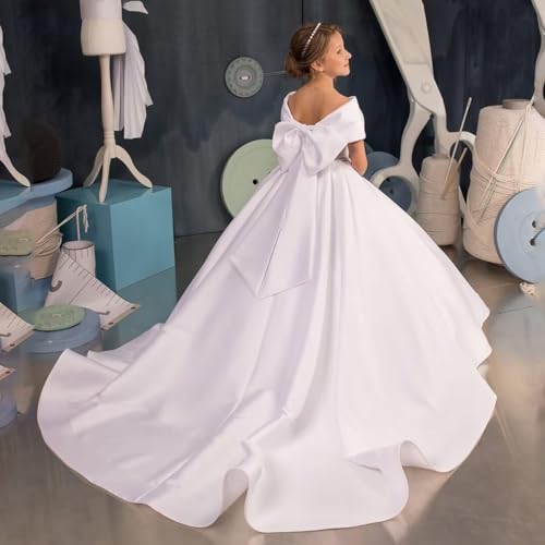 White Off Shoulder Satin Flower Girl Dresses for Weddings First Communion Dress Pageant Gown KT2803