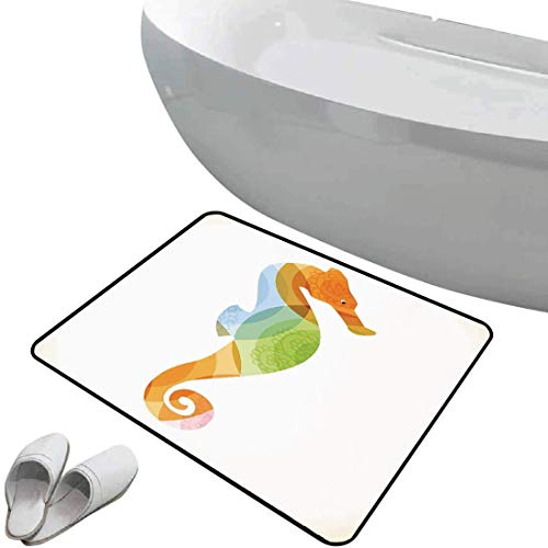 Alfombra de baño antideslizante Decoración animal suave antideslizante Silueta de criatura marina con patrones de arrecifes de coral dentro del icono del acuario,naranja verde Para ducha Felpudo Dormi