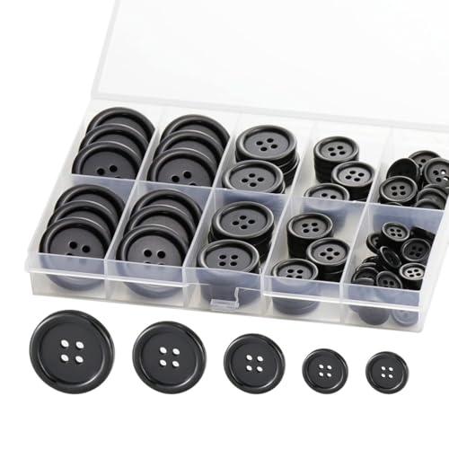 JYNXOR 160 peças botões de resina preta de 4 orifícios, botões pretos, botão de pressão, botão de roupa, adequado para coser roupas, casacos e camisas, inclui caixa de armazenamento