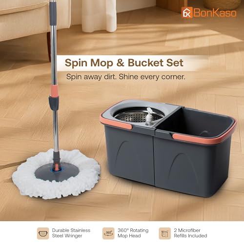 Image of BonKaso Twin Spin Mop Set | 1 Bucket, 1 Handle & 2 Microfiber Mop Heads with Stainless Steel Wringer | 360 Easy Floor Cleaning for Home & Office