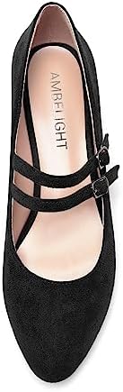 AMBELIGHT Women's Suede Dating Solid Low Heel Buckle Block Adjustable Strap Mary Jane 1.5 Inch Round Toe Cute Pumps Shoes Black Size 10 - Tacones de Mujer | Image 2