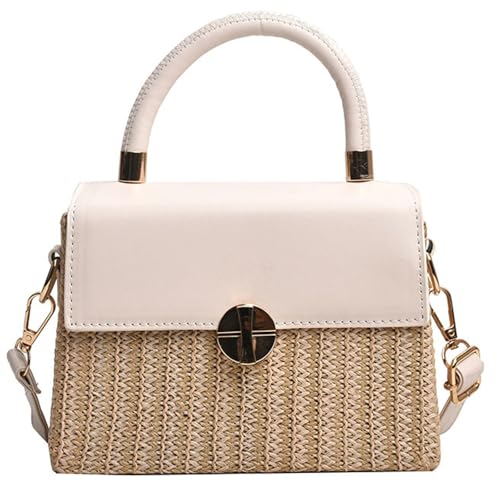 Summer Woven Straw Crossbody Bag Women PU Leather Flap Box Purse Mini Satchel Travel Beach Satchel Handbag