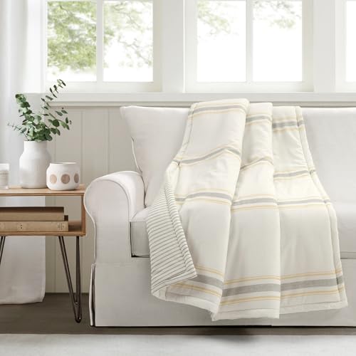 Image of Lush Decor Farmhouse Stripe Reversible Throw, Single, 50 inch W x 60 inch L, Yellow - Throw Blanket For Bed - Soft Blanket - Couch Throw - Rustic Farmhouse Decor