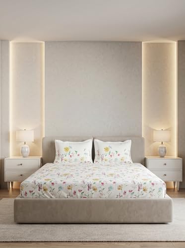 Image of DDECOR Live Beautiful 100% Cotton 145TC Floral King Bedsheet with 2 Pillow Covers | Rotary Printed Breathable Fabric | 224 CM X 254 CM | Luxury Bedding for Home | Cresta Collection | Golden Mist