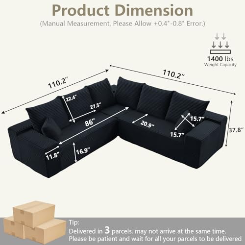 Image of Sectional Cloud Couch for Living Room, Modern Modular Floor Deep-Seat Sofa, Upholstered L Shaped Sofas, Big Comfy Corduroy Couches Set for Living Room Bedroom, No Assembly Required, Black