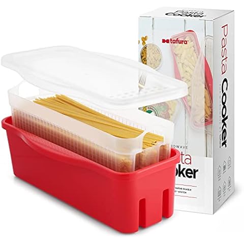 Tafura Microwave Pasta Cooker with Double Straining System, Microwavable Spaghetti Cooker with Drainer, Christmas Dorm Gift, Fast Pasta Boat with Strainer Tray and Lid. BPA Free Cover