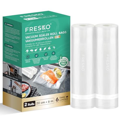 FRESKO Vakuumrollen 2 Rollen 20 x 600cm Professionelle Vakuumierbeutel Folienbeutel Größe für alle Vakuumiergeräte BPA-frei Geprägte Luftrillen Sous-Vide-Gefrierbeutel