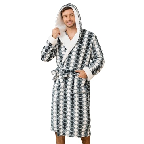 U2SKIIN Mens Plush Fleece Hooded Robe, Soft Warm Long Bathrobe with Sherpa Trim on Hood and Cuffs, Cozy Spa Robe with Pockets