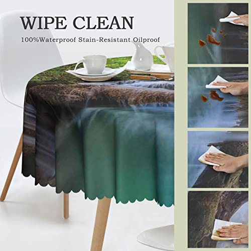 Waterfall Theme Round Tablecloth,60 Inch,Waterproof Fabric,Durable Reusable Table Clothes,Wipeable Spill Proof Wrinkle Resistant For Kitchen Dining Dinner Shower Parties,Pale Green Turquoise Brown #TOP3