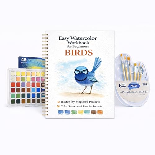 Watercolor Workbook for Beginners Birds 16 Original Watercolor Projects Watercolor Kit with 48 Colors Paint Set 6 Brushes & Palette Watercolor Workbook for Adults Creative Art Gift