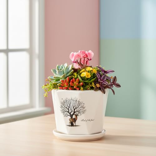 Image of Xtore Artistic Forest-Themed Ceramic Planter with Drainage Tray | Decorative Indoor Flower Pot for Home, Office Desk & Balcony Styling (White with Decal - Planter only)