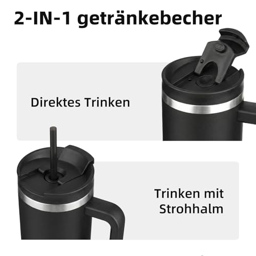 BJPKPK 900 ml Isolierter Edelstahl-Becher mit Griff Deckel und Strohhalm – Ansicht 5