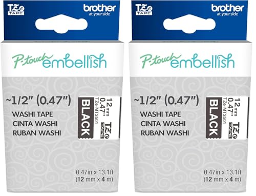 Image of Brother P-Touch Embellish White Print on Black Washi Tape TZeMT3501 - ~~ inch Wide x 13.1' Long for use with P-Touch Embellish Ribbon & Tape Printer (Pack of 2)