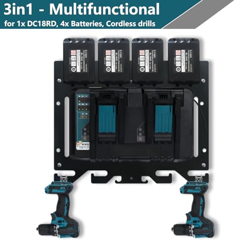 APACALI 3 in 1 Wandhalterung für Makita Akkus 18V 14,4V, Ladegeräte und Akku Bohrschrauber, Stabiler 4er Makita Akkuhalter für Makita Ladegerät Halter für Makita und Akku Bohrschrauber Halter, Schwarz