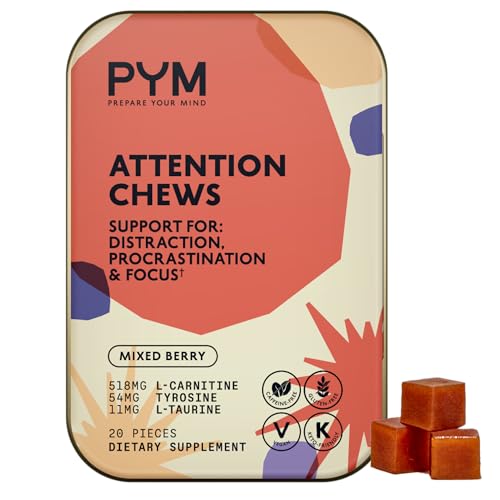 PYM Attention Chews Support for Procrastination, Focus & Productivity, 20 Count | 518mg L-Carnitine, 54mg Tyrosine, 11mg L-Taurine, Caffeine-Free | All-Natural Mood Boost Supplement Made in USA