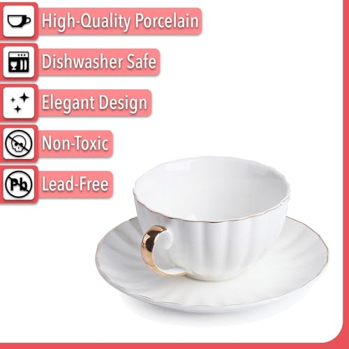 Image of White Tea Cups and Saucers Set of 6 (180 Ml), Porcelain White Tea Cup Set with Golden Trim, Dishwasher Safe for Tea Milk & Coffee Chai, Teacup Set