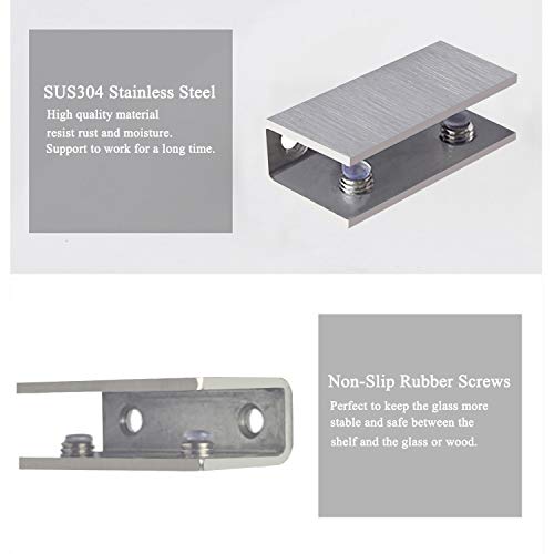 Doku 4Pcs Adjustable 304 Stainless Steel Glass Clip Clamp Support 0.32"(8Mm)-0.48"(12Mm) Glass Shelf Brackets, Space Saving Bathroom Wall Mounted, Brushed Finished #TOP4
