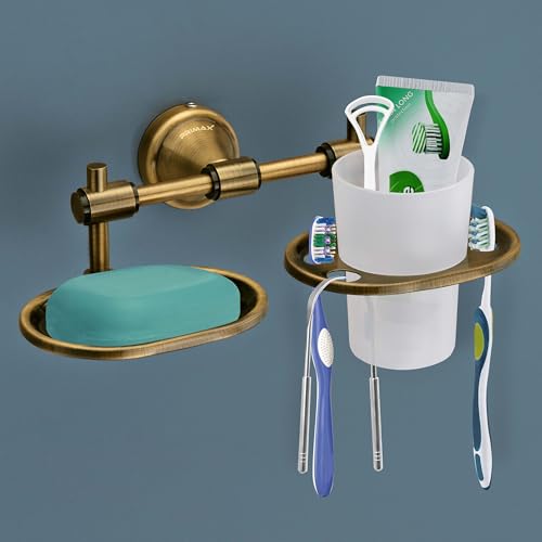 Image of Plantex (Primax) Niko Stainless Steel 304 Grade 2in1 Soap Dish with Tumbler Holder /Soap Stand /Tooth Brush Holder /Bathroom Accessories (Brass Antique)